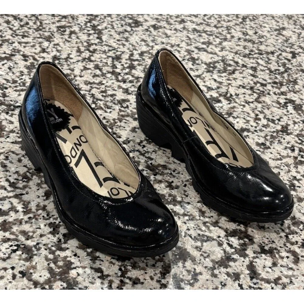 Fly London Yoni Shoes Women’s EU 36 Black Patent Leather Wedge Heel‎ Slip On
